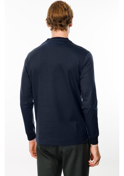 Erkek Sıfır Yaka Basic Uzun Kollu Pamuklu T-Shirt Lacivert