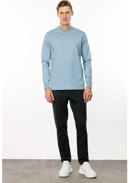 Erkek Sıfır Yaka Basic Uzun Kollu Pamuklu T-Shirt Mavi