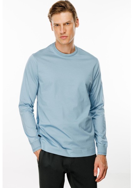 Erkek Sıfır Yaka Basic Uzun Kollu Pamuklu T-Shirt Mavi