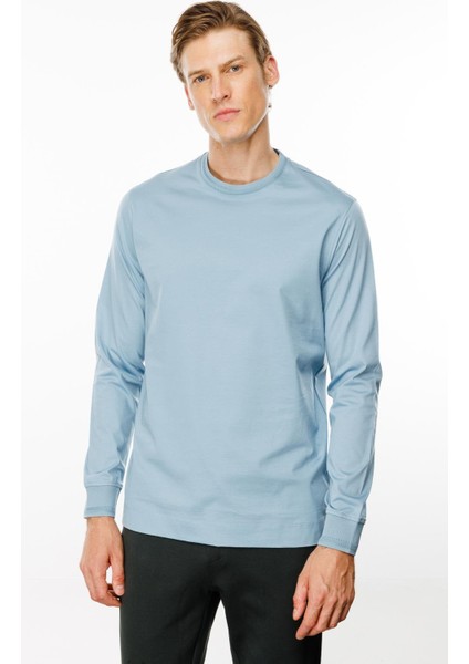Erkek Sıfır Yaka Basic Uzun Kollu Pamuklu T-Shirt Mavi modelleri
