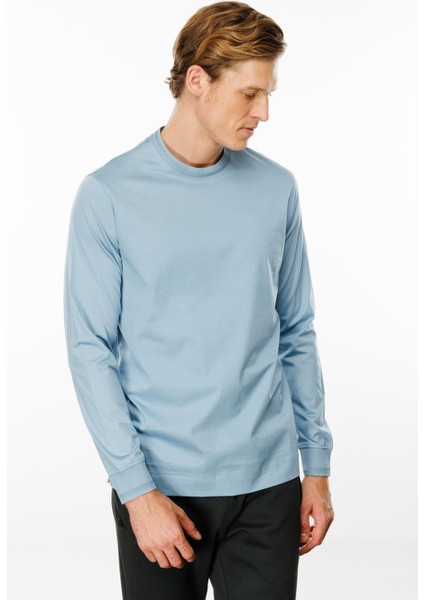 Erkek Sıfır Yaka Basic Uzun Kollu Pamuklu T-Shirt Mavi