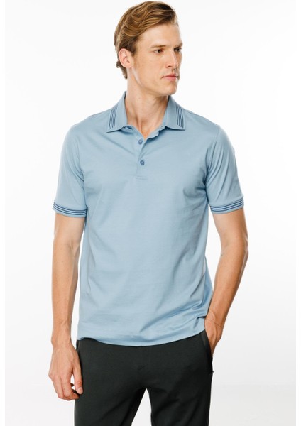 Erkek Polo Yaka Yakası Şerit Desenli T-Shirt Mavi