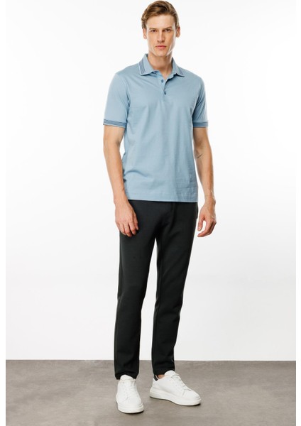 Erkek Polo Yaka Yakası Şerit Desenli T-Shirt Mavi fiyatları