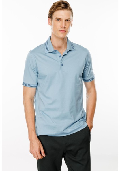 Erkek Polo Yaka Yakası Şerit Desenli T-Shirt Mavi fırsatları