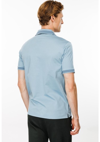 Erkek Polo Yaka Yakası Şerit Desenli T-Shirt Mavi indirimleri