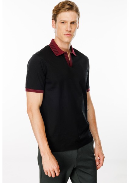 Erkek Polo Yaka Kolu ve Yakası Çizgili T-Shirt Siyah