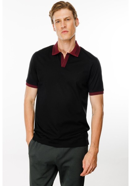 Erkek Polo Yaka Kolu ve Yakası Çizgili T-Shirt Siyah modelleri