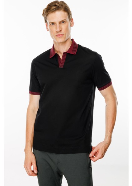 Erkek Polo Yaka Kolu ve Yakası Çizgili T-Shirt Siyah fırsatları
