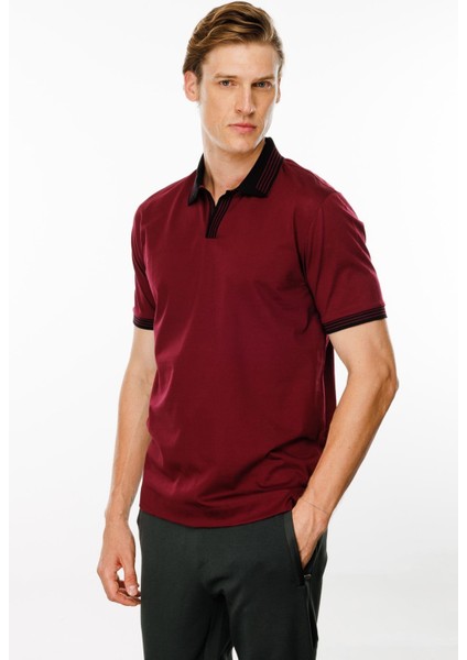 Erkek Polo Yaka Kolu ve Yakası Çizgili T-Shirt Bordo