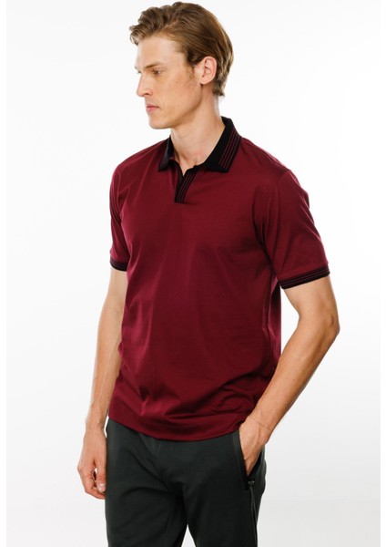 Erkek Polo Yaka Kolu ve Yakası Çizgili T-Shirt Bordo fiyatları