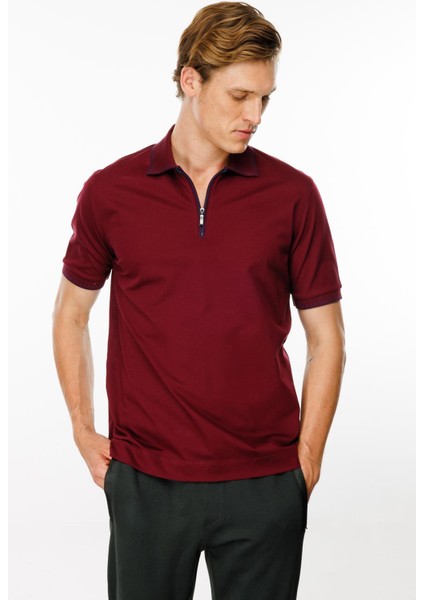 Erkek Polo Yaka Yakası Fermuarlı T-Shirt Bordo