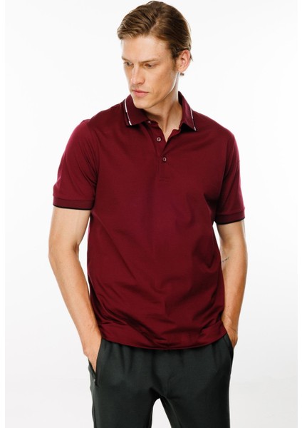 Erkek Polo Yaka Yakası Çizgili T-Shirt Bordo