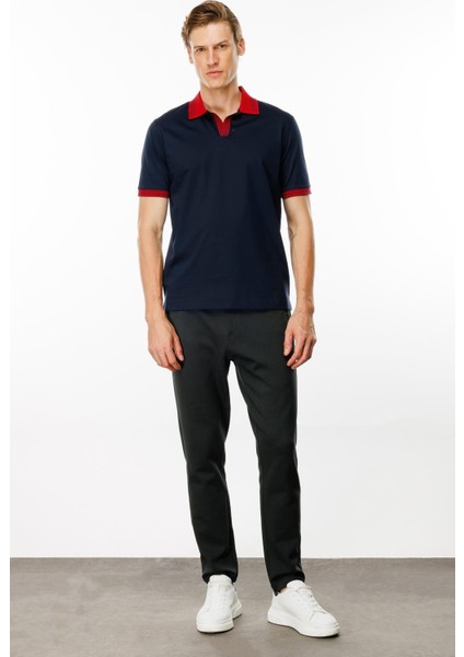 Erkek Polo Yaka Kolu ve Yakası Çizgili T-Shirt Lacivert