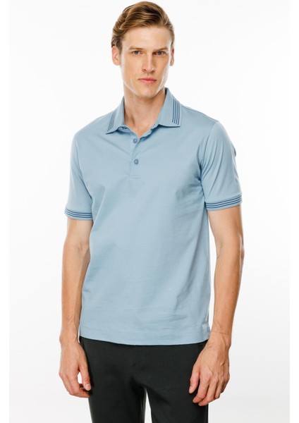 Erkek Polo Yaka Yakası Şerit Desenli T-Shirt Mavi