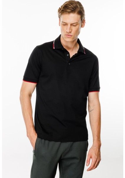 Erkek Polo Yaka Yakası Çizgili T-Shirt Siyah