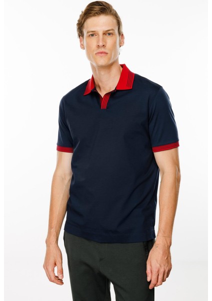 Erkek Polo Yaka Kolu ve Yakası Çizgili T-Shirt Lacivert