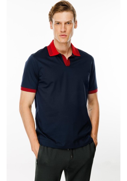 Erkek Polo Yaka Kolu ve Yakası Çizgili T-Shirt Lacivert modelleri