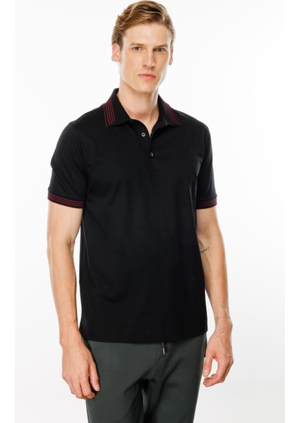 Erkek Polo Yaka Yakası Şerit Desenli T-Shirt Siyah modelleri