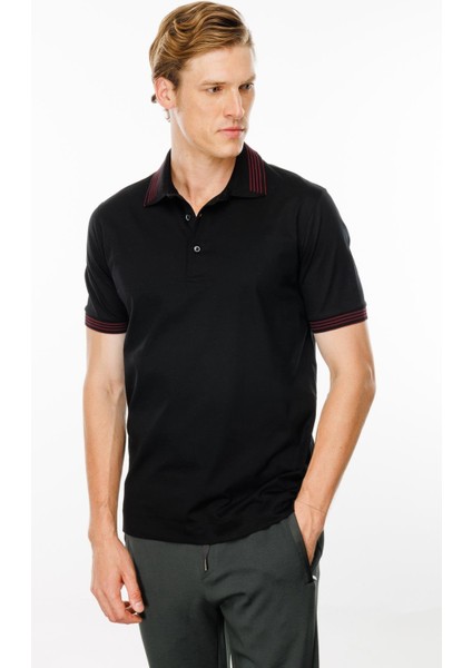 Erkek Polo Yaka Yakası Şerit Desenli T-Shirt Siyah fırsatları