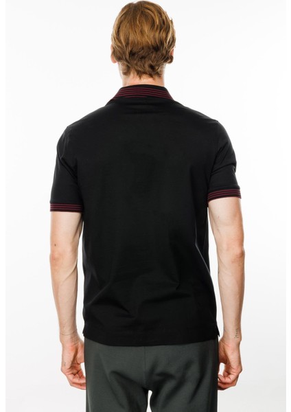 Erkek Polo Yaka Yakası Şerit Desenli T-Shirt Siyah indirimleri