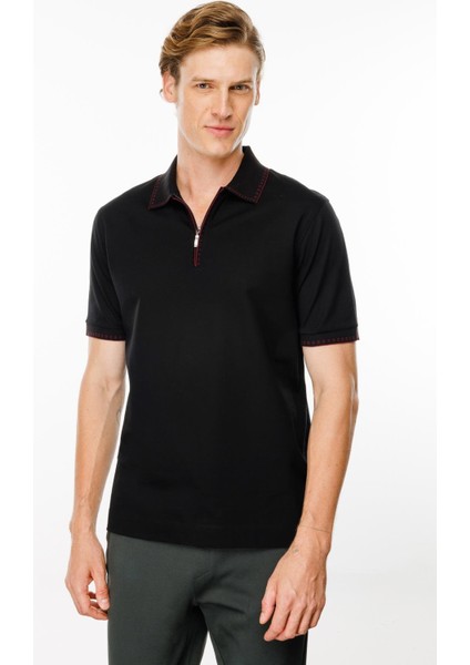Erkek Polo Yaka Yakası Fermuarlı T-Shirt Siyah