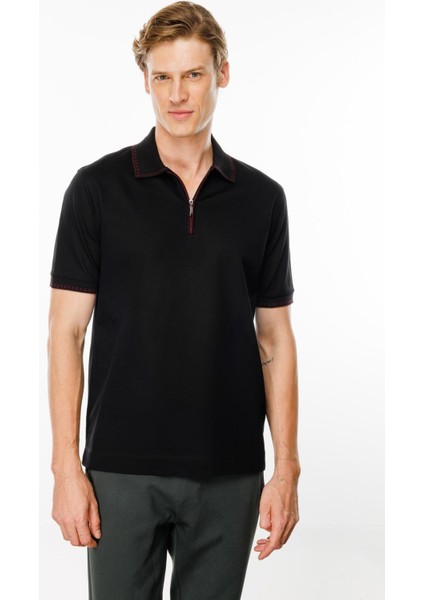 Erkek Polo Yaka Yakası Fermuarlı T-Shirt Siyah modelleri
