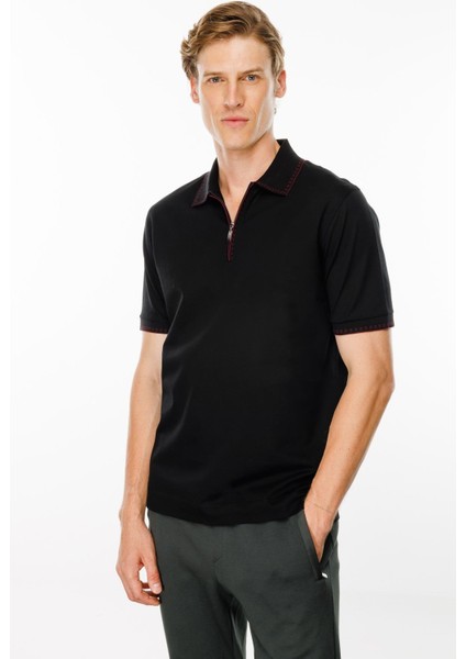 Erkek Polo Yaka Yakası Fermuarlı T-Shirt Siyah fırsatları