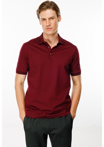 Erkek Polo Yaka Yakası Şerit Desenli T-Shirt Bordo