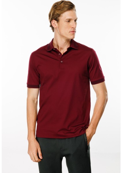 Erkek Polo Yaka Yakası Şerit Desenli T-Shirt Bordo fiyatları