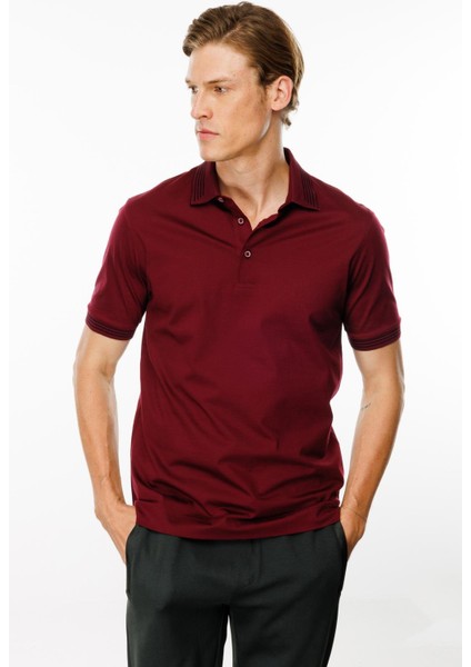 Erkek Polo Yaka Yakası Şerit Desenli T-Shirt Bordo fırsatları