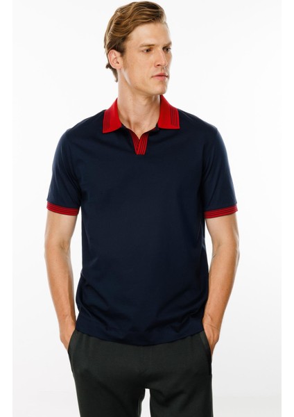 Erkek Polo Yaka Kolu ve Yakası Çizgili T-Shirt Lacivert