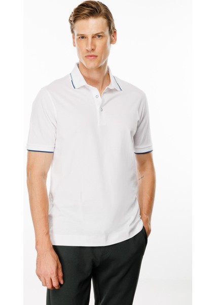 Erkek Polo Yaka Yakası Çizgili T-Shirt Beyaz