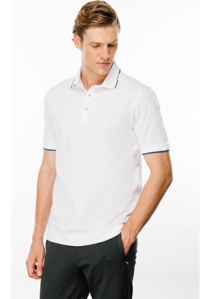 Erkek Polo Yaka Yakası Çizgili T-Shirt Beyaz modelleri
