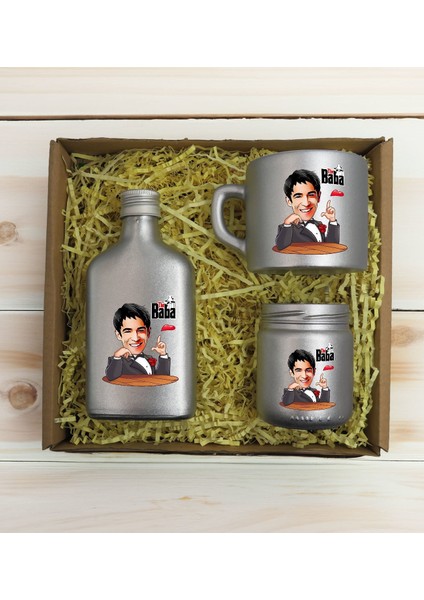 Kişiye Özel Dtf The Baba Karikatürlü Gümüş Kahve Fincanı & Kolonya & Mum Hediye Seti-2, Babaya Hediye, Babalar Günü Hediyeleri