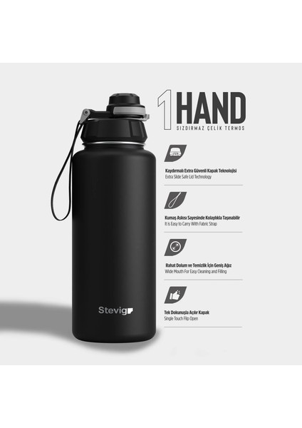 1 Hand Leak-Proof Sızdırmaz Çelik Termos 1000 ml Black ST-210