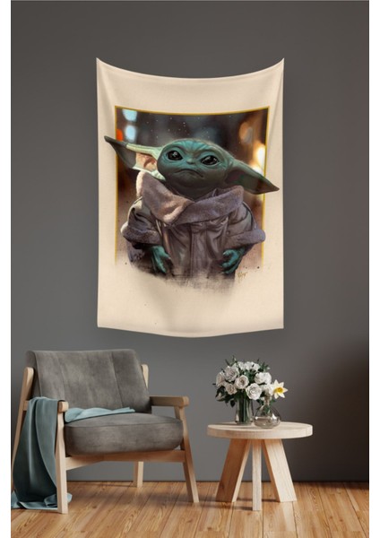 Yoda temalı duvar halısı, bej renk, dikdörtgen, 140x100 cm boyut.