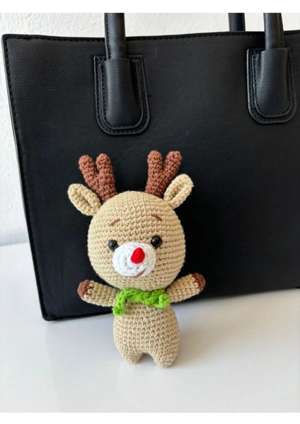 %100 Pamuk El Örgüsü Amigurumi Oyuncak Geyik Anahtarlık - Minimal ve Şirin Tasarım 10 cm El Yapımı