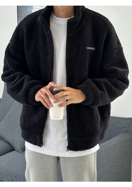 Oversize Tam Fermuarlı Kuzu Sweatshirt Içi Polarlı Sherpa Kumaş Sweatshirt Siyah S