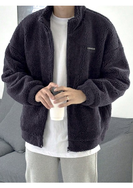 Oversize Tam Fermuarlı Kuzu Sweatshirt Içi Polarlı Sherpa Kumaş Sweatshirt Lacivert L