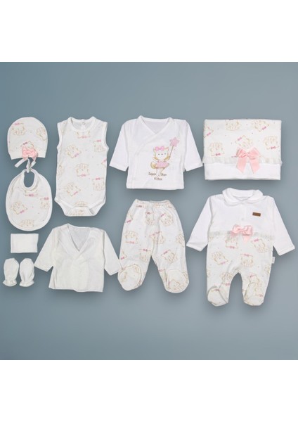 Leylek Baby Simli Kedili Tulumlu 10 Parça Takım ( Pembe)