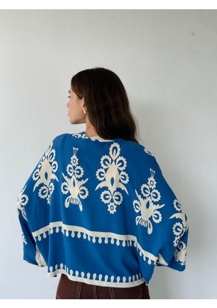 Tasarım Bohem Desenli Mini Kimono Kadın Koyu Mavi