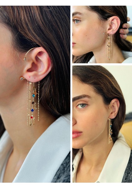 Tasarım Tek Earcuff Sallantılı Küpe Kadın Gold Renkli
