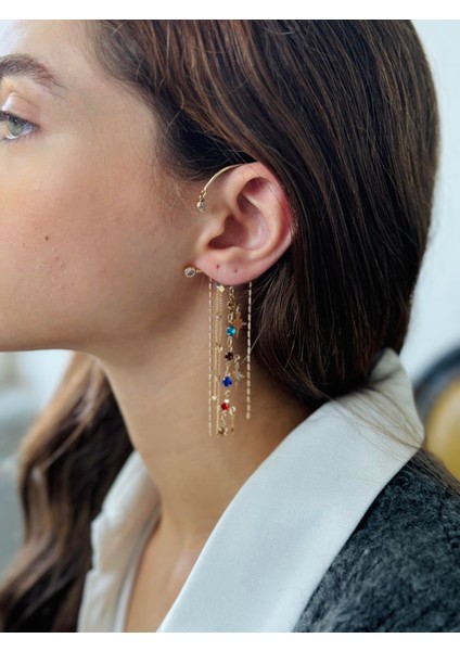 Tasarım Tek Earcuff Sallantılı Küpe Kadın Gold Renkli modelleri