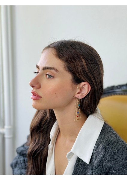Tasarım Tek Earcuff Sallantılı Küpe Kadın Gold Renkli indirimleri