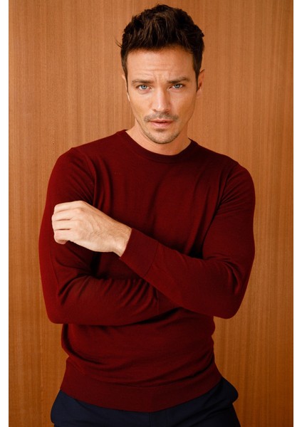 Erkek Basic Sıfıryaka Ince Triko Kazak Bordo