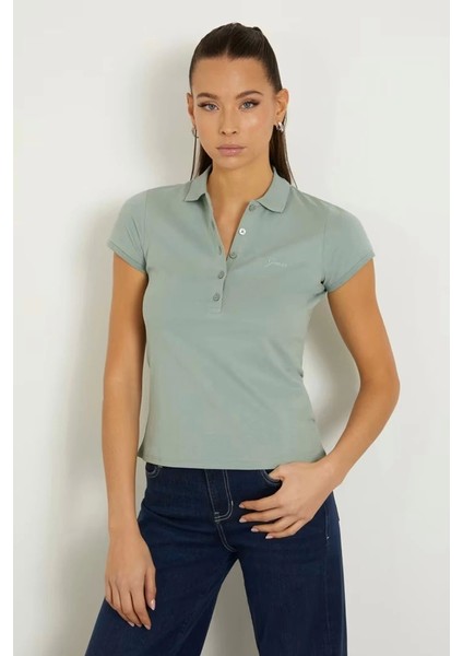 Kadın Logolu Düğmeli Yeşil T-Shirt