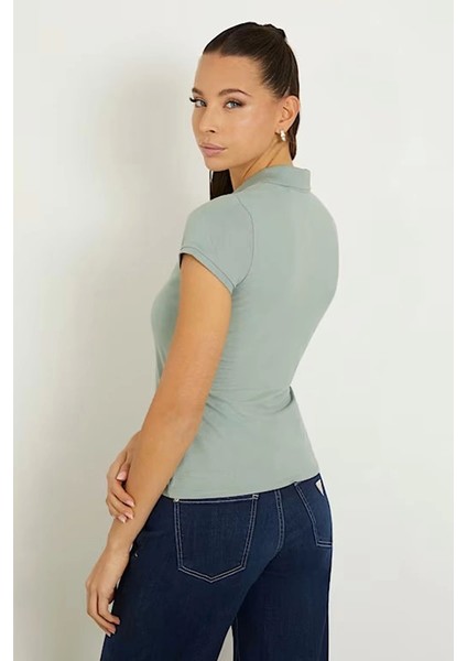 Kadın Logolu Düğmeli Yeşil T-Shirt
