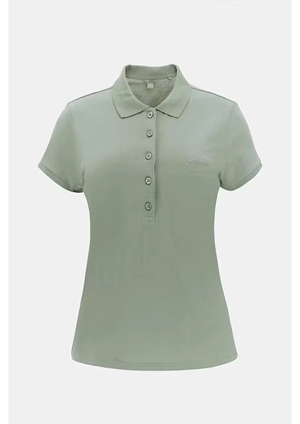 Kadın Logolu Düğmeli Yeşil T-Shirt
