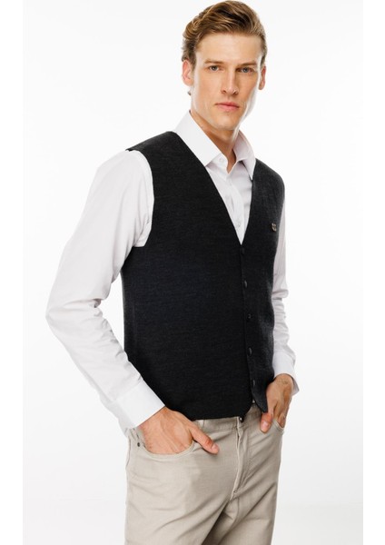 Erkek V Yaka Düz Yün Yelek Antrasit fiyatları