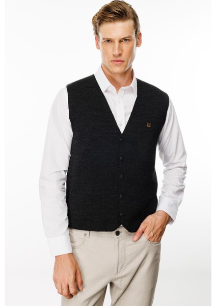 Erkek V Yaka Düz Yün Yelek Antrasit